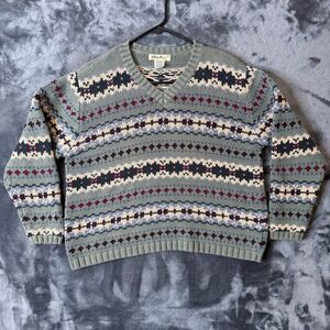 Women's Eddie Bauer V-Neck Long Sleeve Geometric Sweater Pullover Size Large